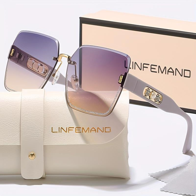 LINFEMAND Rimless Gradient Fashion Glasses Pearl Flower Decoration Unisex Summer Beach Party Driving Holiday Gift Party Glass