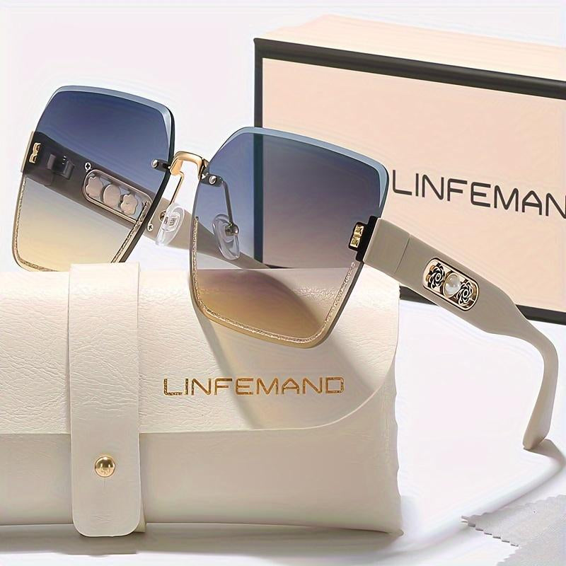 LINFEMAND Rimless Gradient Fashion Glasses Pearl Flower Decoration Unisex Summer Beach Party Driving Holiday Gift Party Glass