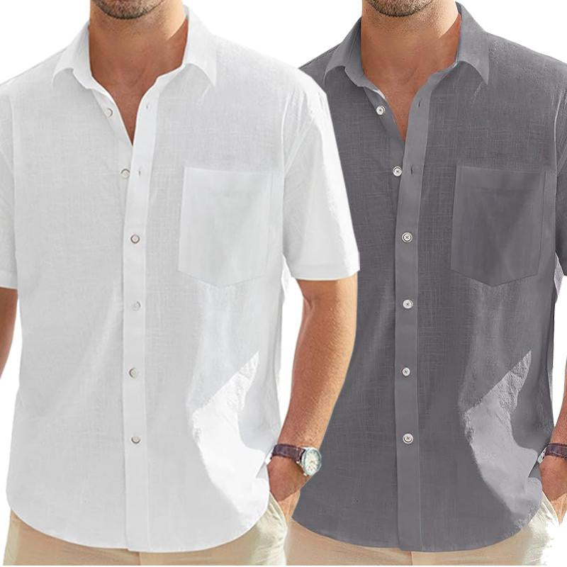 2-PACK Alimens&Gentle Men'S Cotton Linen Short Sleeve Shirts Casual Lightweight Button down Shirts Vacation Beach Summer Tops with Pocket