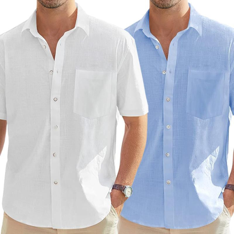 2-PACK Alimens&Gentle Men'S Cotton Linen Short Sleeve Shirts Casual Lightweight Button down Shirts Vacation Beach Summer Tops with Pocket