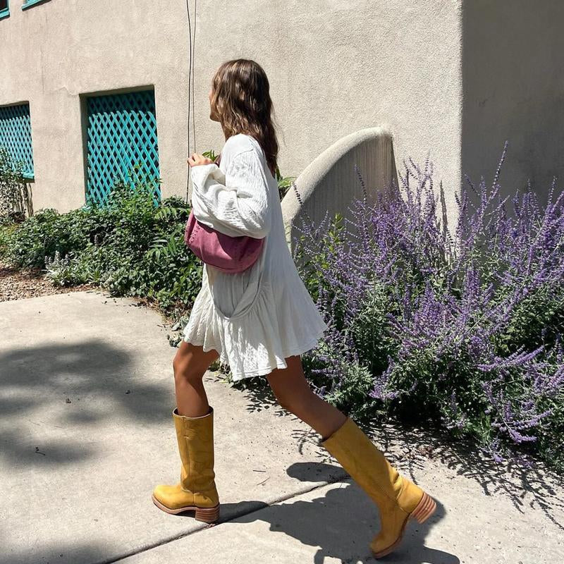 Women'S Banana Mid Calf Western Boots Square Toe Comfortable Campus Boots Chunky Heel Riding Fall Boots