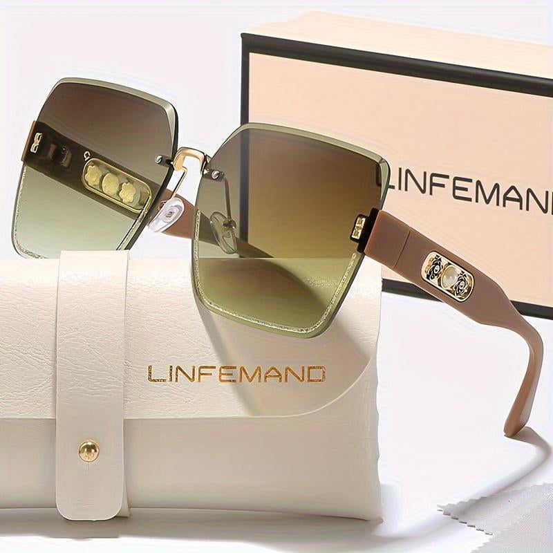 LINFEMAND Rimless Gradient Fashion Glasses Pearl Flower Decoration Unisex Summer Beach Party Driving Holiday Gift Party Glass