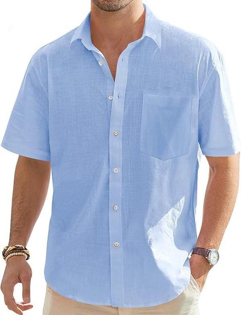 2-PACK Alimens&Gentle Men'S Cotton Linen Short Sleeve Shirts Casual Lightweight Button down Shirts Vacation Beach Summer Tops with Pocket