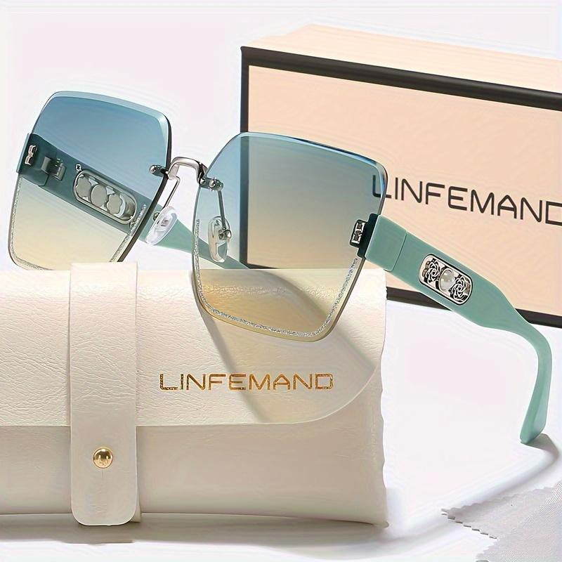 LINFEMAND Rimless Gradient Fashion Glasses Pearl Flower Decoration Unisex Summer Beach Party Driving Holiday Gift Party Glass