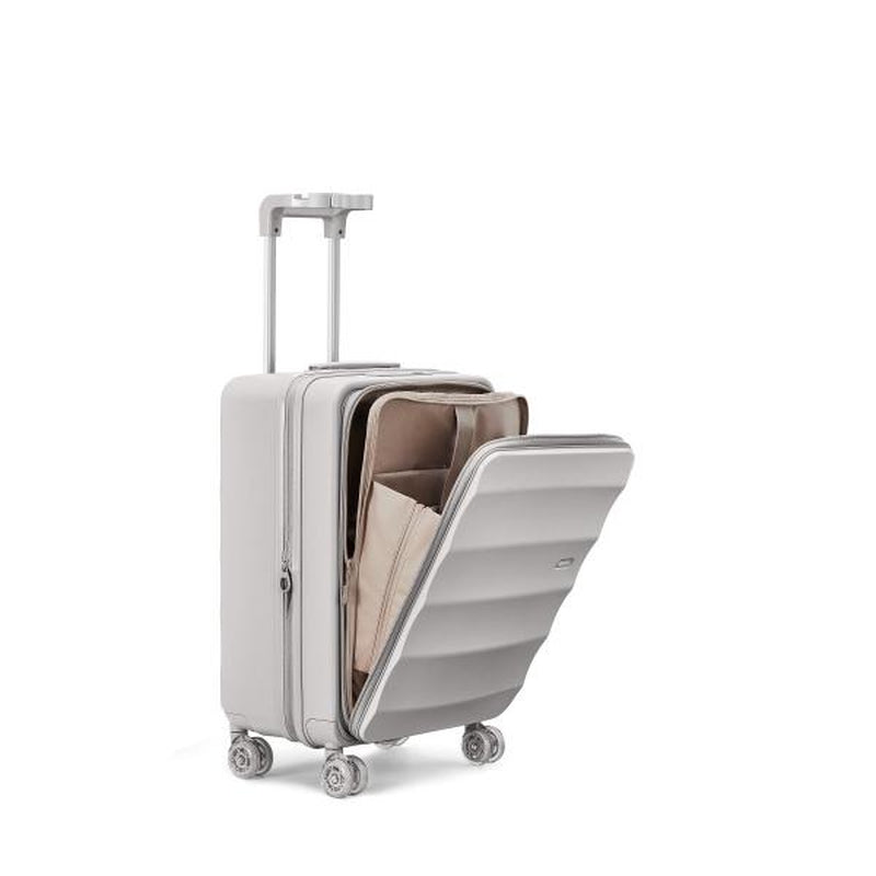 4MYTU Front Opening 20 Inch Carry-On Suitcase Expandable Travel Luggage Business Travel Multi-Functional Handle for Cup Holder and Bag Hanger 360° Skateboard Wheel Build-In USB Port Antimicrobial Linear in Harbor Mist