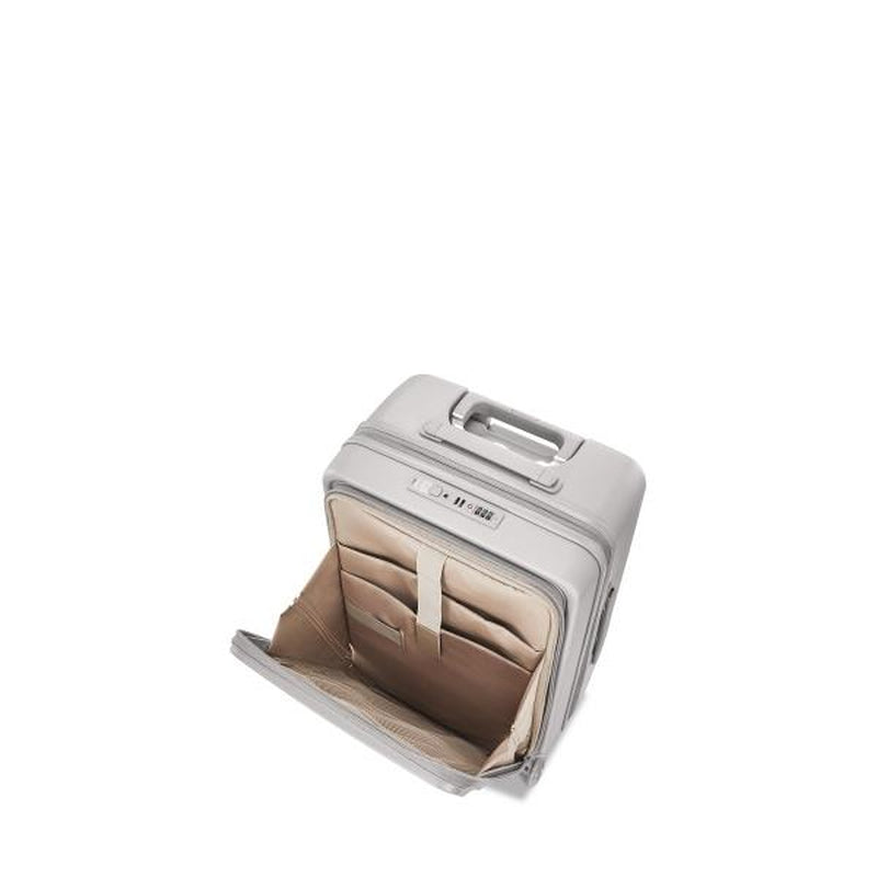 4MYTU Front Opening 20 Inch Carry-On Suitcase Expandable Travel Luggage Business Travel Multi-Functional Handle for Cup Holder and Bag Hanger 360° Skateboard Wheel Build-In USB Port Antimicrobial Linear in Harbor Mist