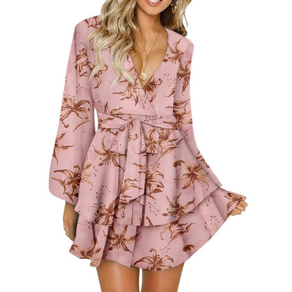 SHEWIN Womens Floral Sundress, Summer Spring V Neck Ruffle Chiffon Pink Dress, Elegant Tie Knot Mini Short Swing Skater Pluse Size Dresses