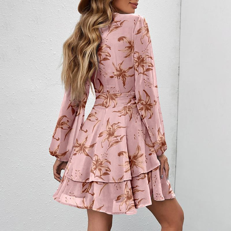 SHEWIN Womens Floral Sundress, Summer Spring V Neck Ruffle Chiffon Pink Dress, Elegant Tie Knot Mini Short Swing Skater Pluse Size Dresses