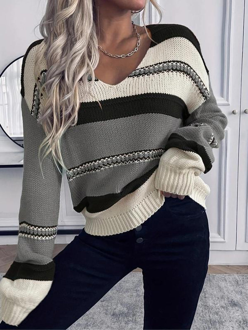 Women'S Colorblock Drop Shoulder Cable Knit Sweater, Casual Long Sleeve V Neck Jumper for Fall & Winter, Fashion Ladies' Knitwear for Daily Wear