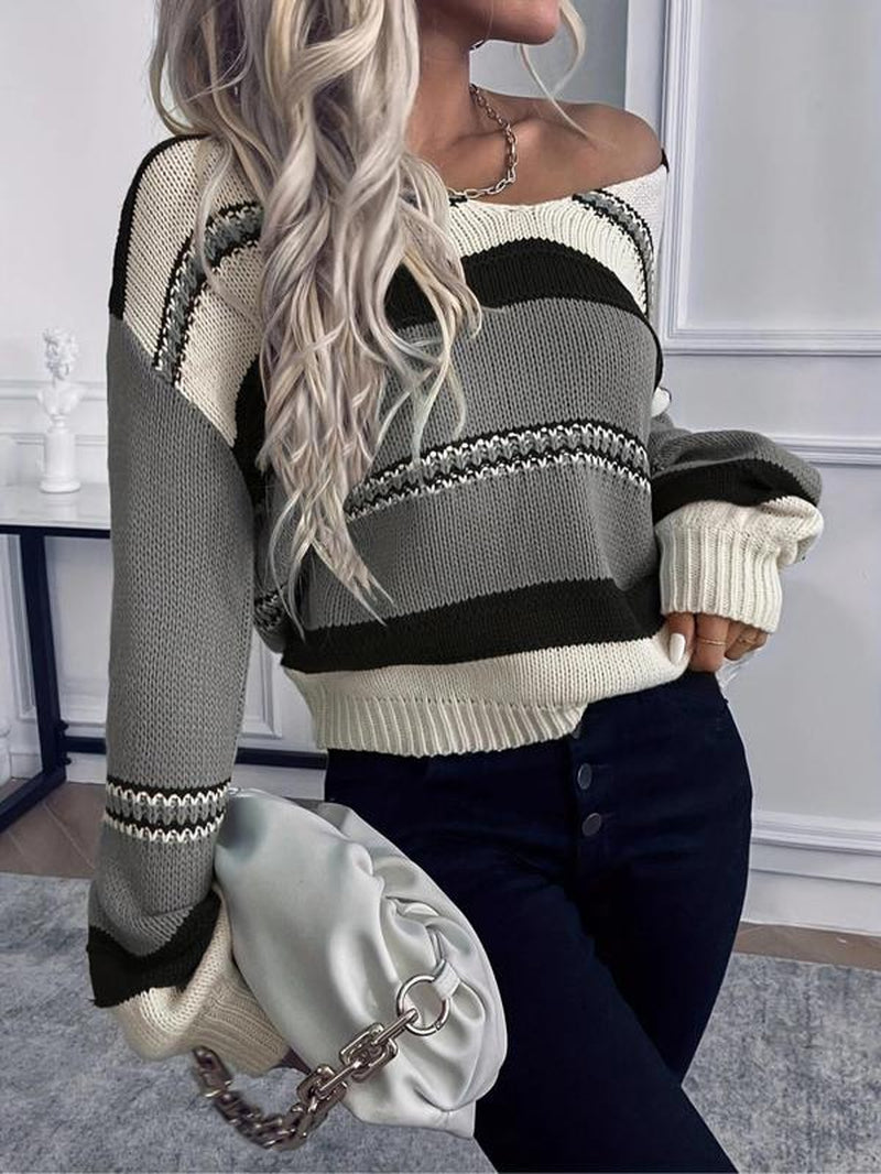 Women'S Colorblock Drop Shoulder Cable Knit Sweater, Casual Long Sleeve V Neck Jumper for Fall & Winter, Fashion Ladies' Knitwear for Daily Wear