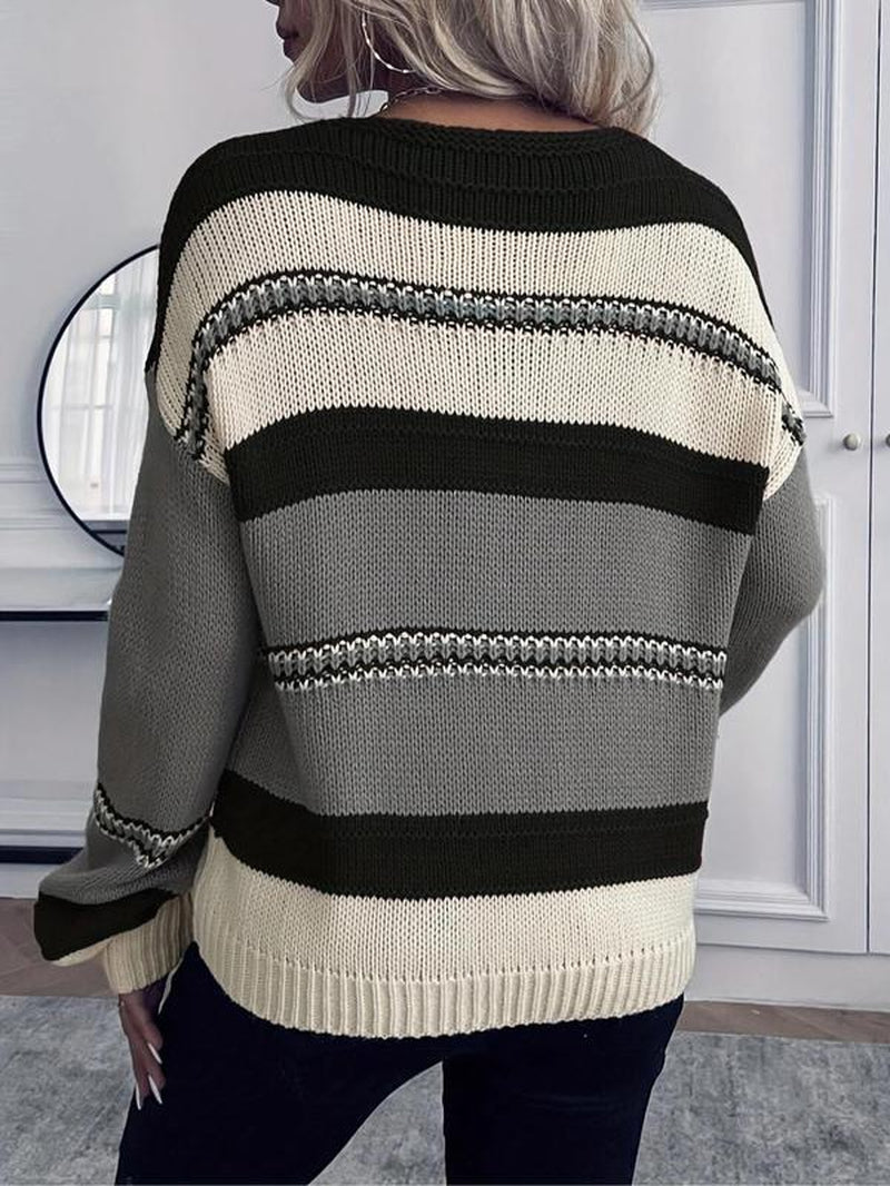 Women'S Colorblock Drop Shoulder Cable Knit Sweater, Casual Long Sleeve V Neck Jumper for Fall & Winter, Fashion Ladies' Knitwear for Daily Wear