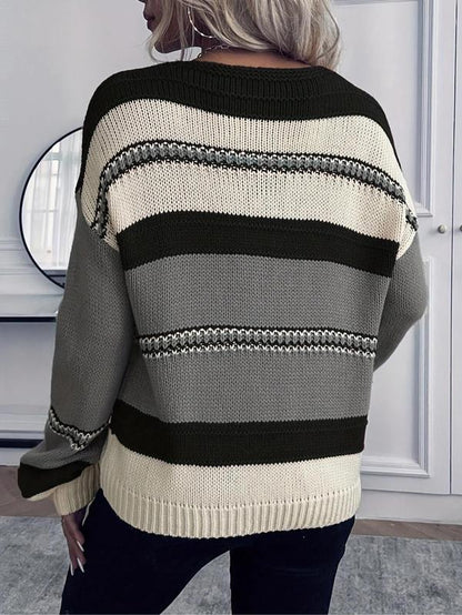 Women'S Colorblock Drop Shoulder Cable Knit Sweater, Casual Long Sleeve V Neck Jumper for Fall & Winter, Fashion Ladies' Knitwear for Daily Wear