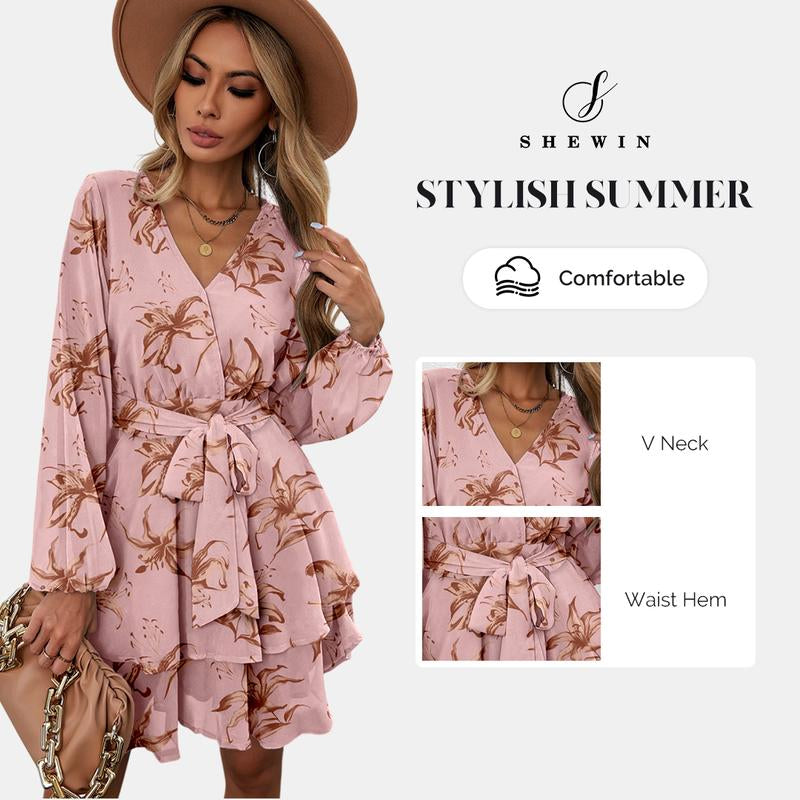 SHEWIN Womens Floral Sundress, Summer Spring V Neck Ruffle Chiffon Pink Dress, Elegant Tie Knot Mini Short Swing Skater Pluse Size Dresses