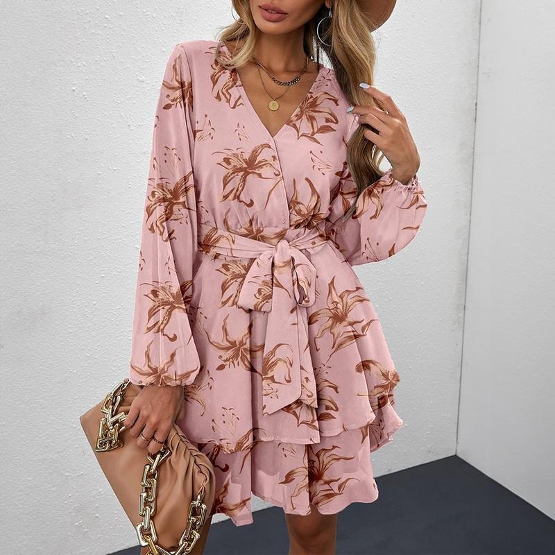 SHEWIN Womens Floral Sundress, Summer Spring V Neck Ruffle Chiffon Pink Dress, Elegant Tie Knot Mini Short Swing Skater Pluse Size Dresses